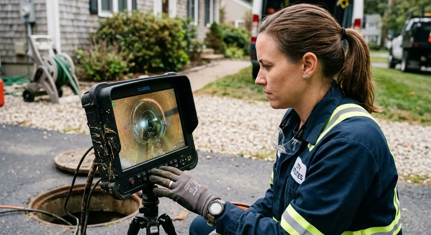 Technician reviewing sewer camera inspection footage in Sault Ste. Marie