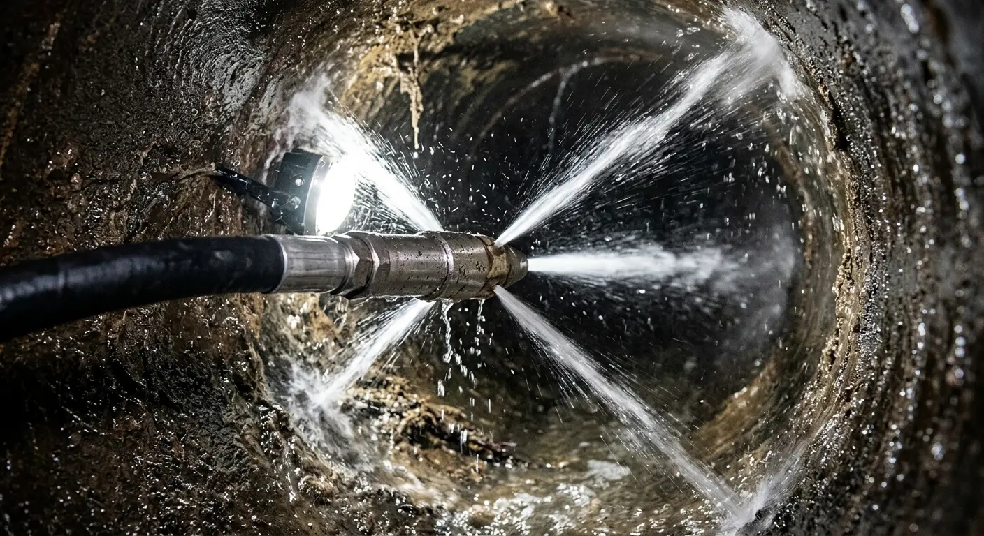 High-pressure hydro jetting nozzle cleaning sewer pipe for Emergency Drain Service in Sault Ste. Marie