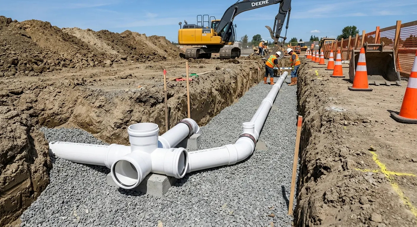 New PVC sewer pipe installation in open trench for Sewer Backup in Sault Ste. Marie