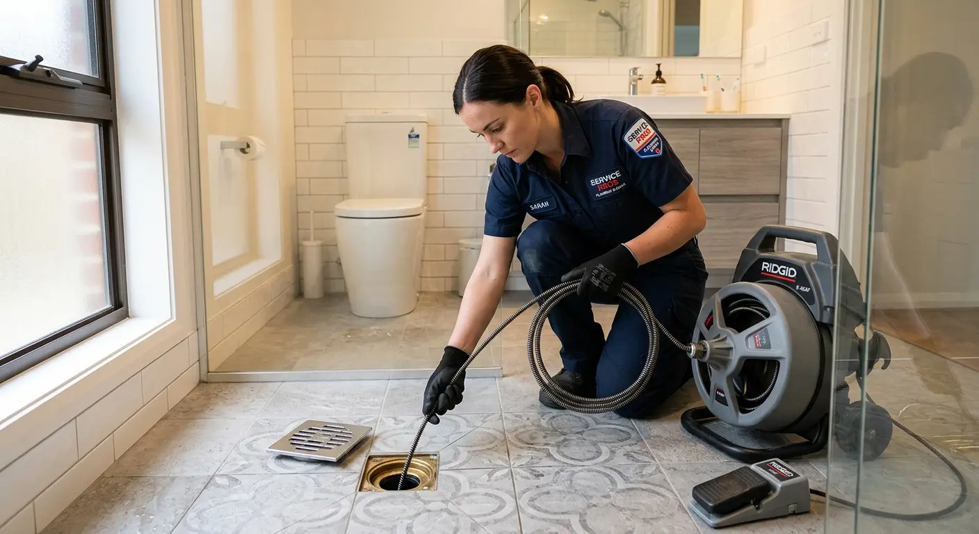Technician clearing a bathroom floor drain for Hydro Jetting in Sault Ste. Marie